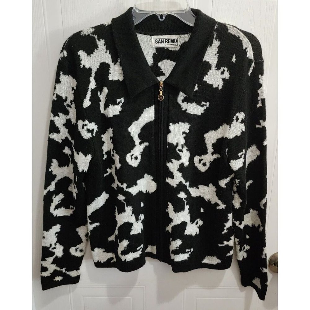 SAN REMO By Laura Knits Womens Full Zip Cardigan Sweater Collar Black/White Sz S